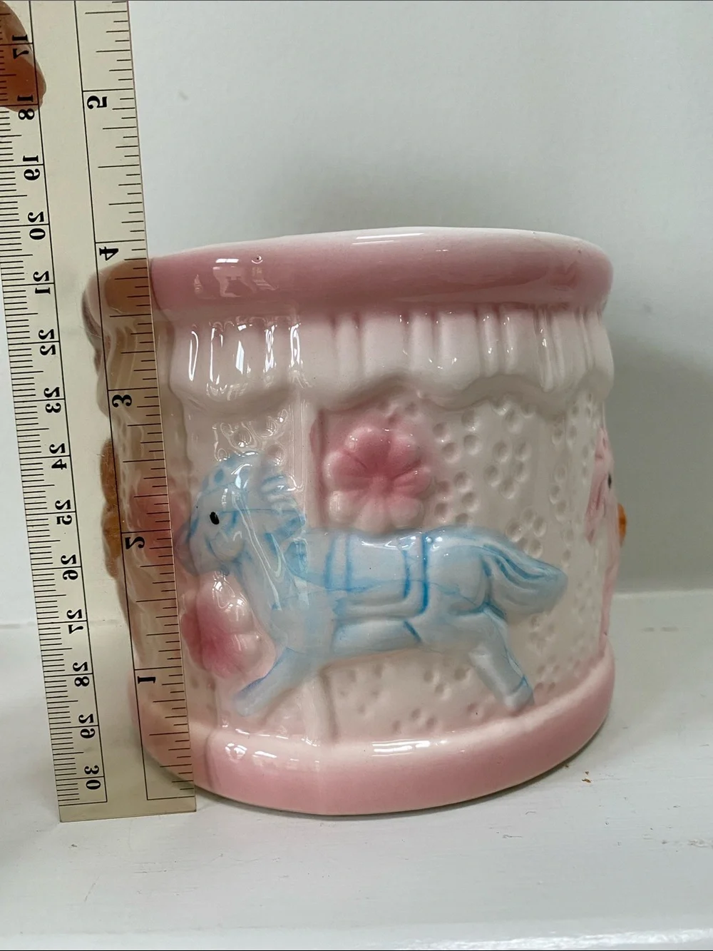 Vintage Porcelain Pink Ceramic Carousel Bear Flower Pot Trinket Holder